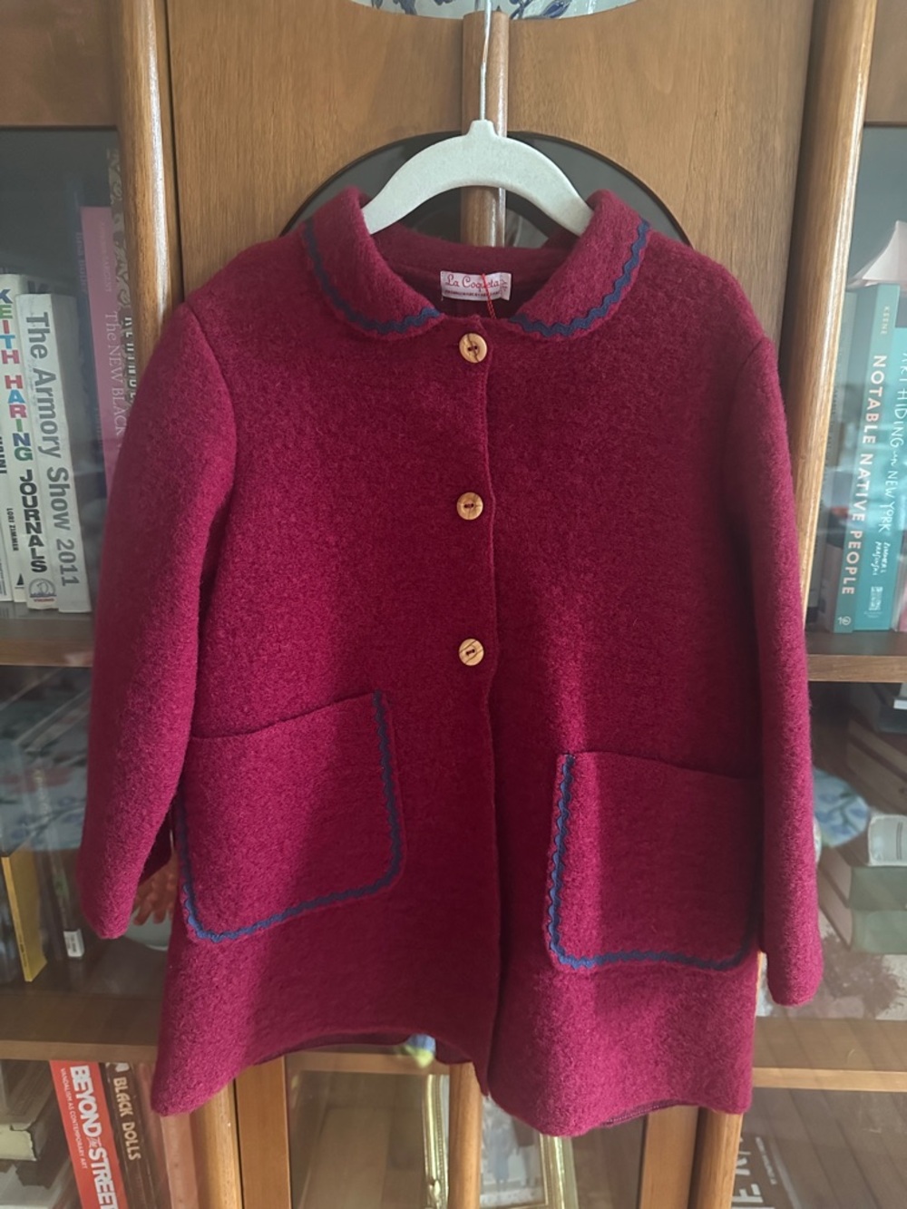 Girls' Burgundy Henrietta Coat Button-Front Coat with Contrast Trim